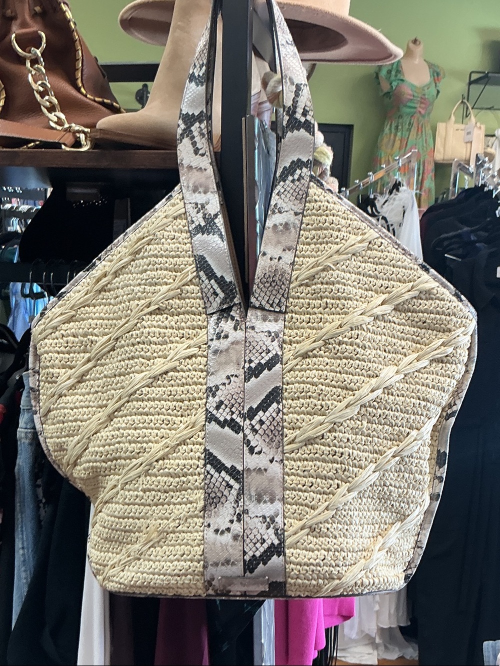 Vince Camuto Natural Straw Tote with Snake-Print Trim